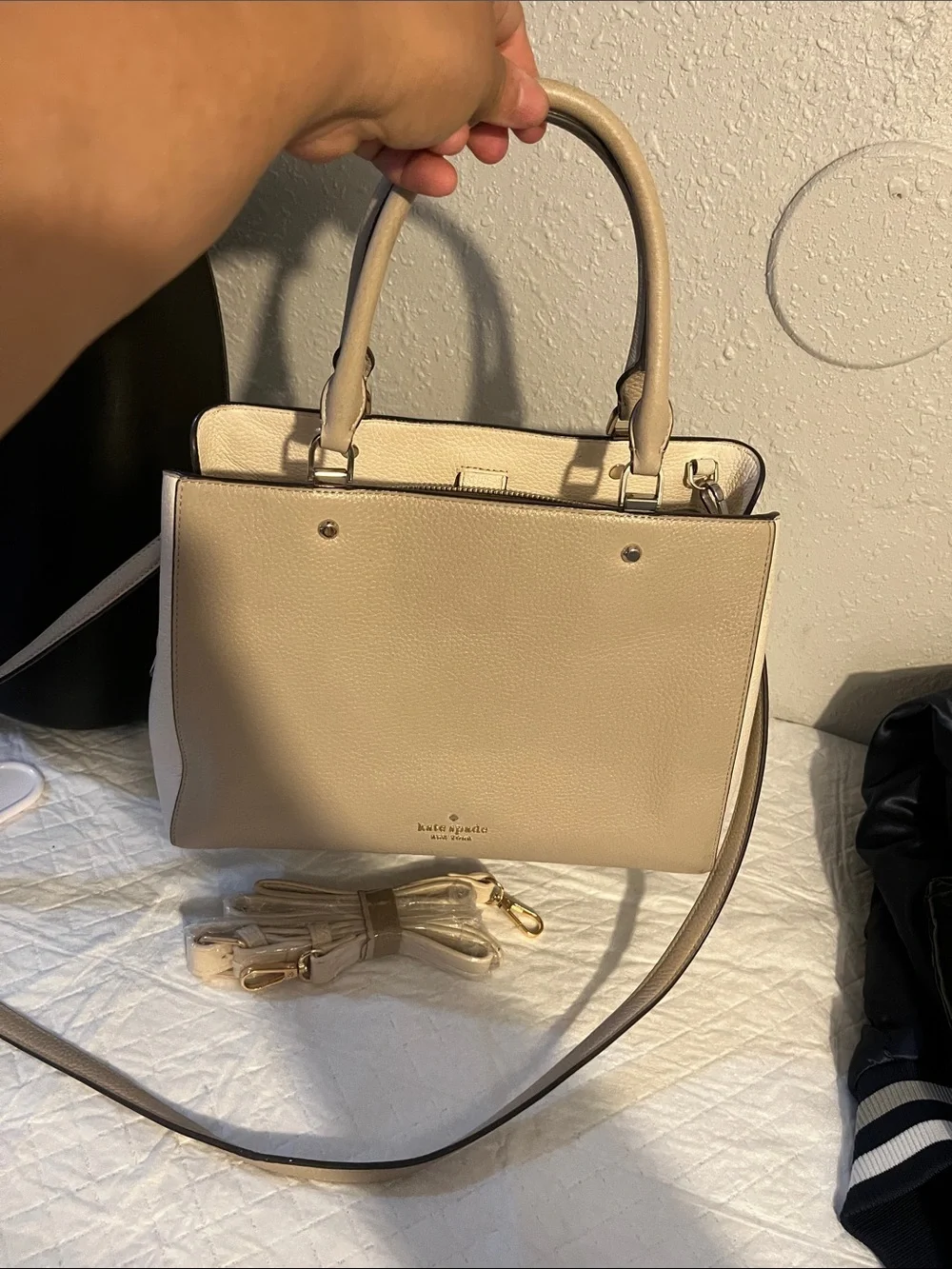 kate spade Neutral Beige Pebbled Leather Satchel with Detachable Strap